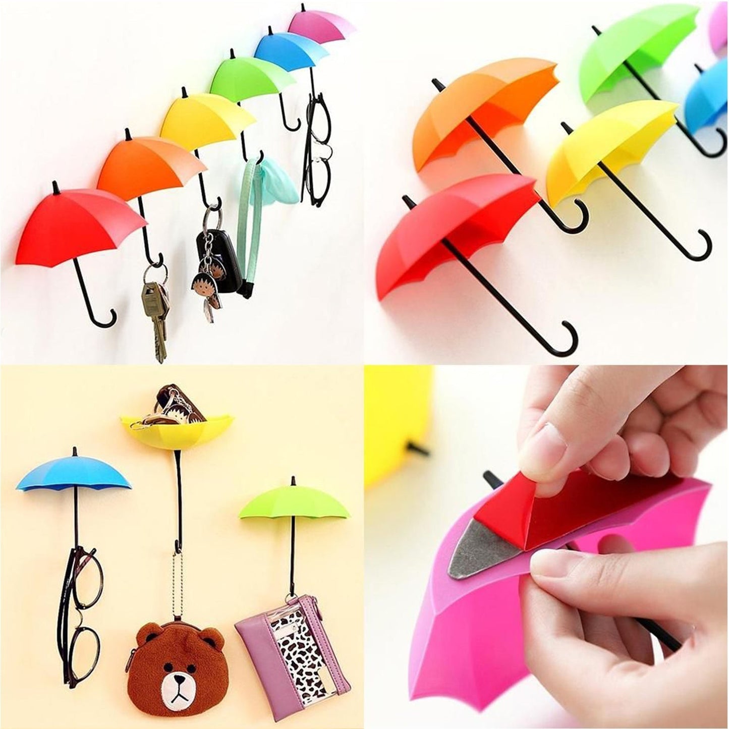 Side view of a self-adhesive multicolor umbrella hook, flush against a wall.
