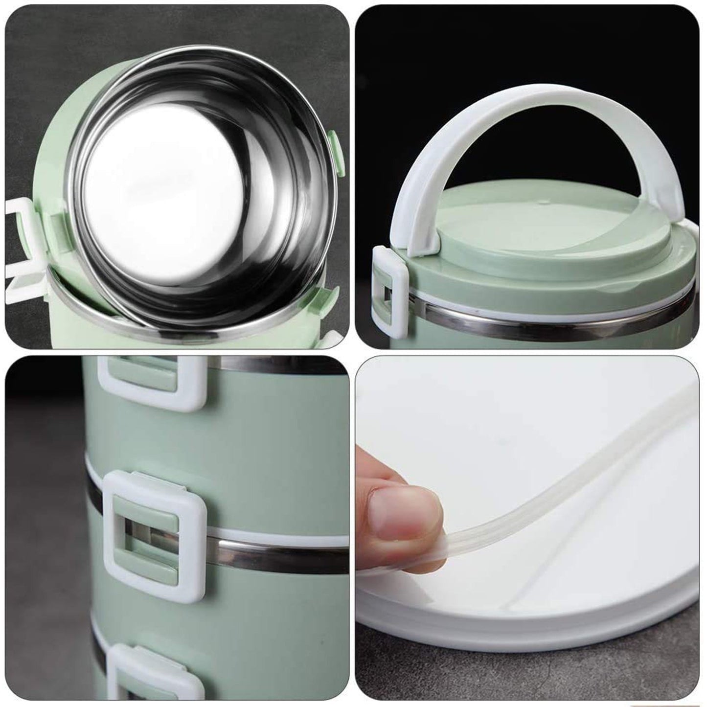 Top-down view of the multi-layer stainless steel tiffin box, ready for packing.