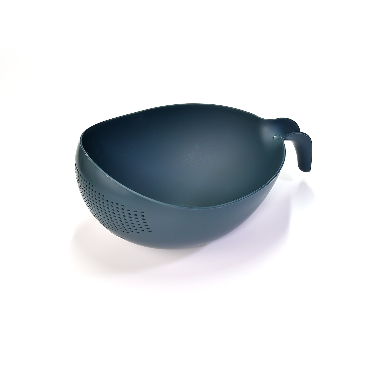 White plastic bowl with integrated strainer for washing rice and delicate fruits.