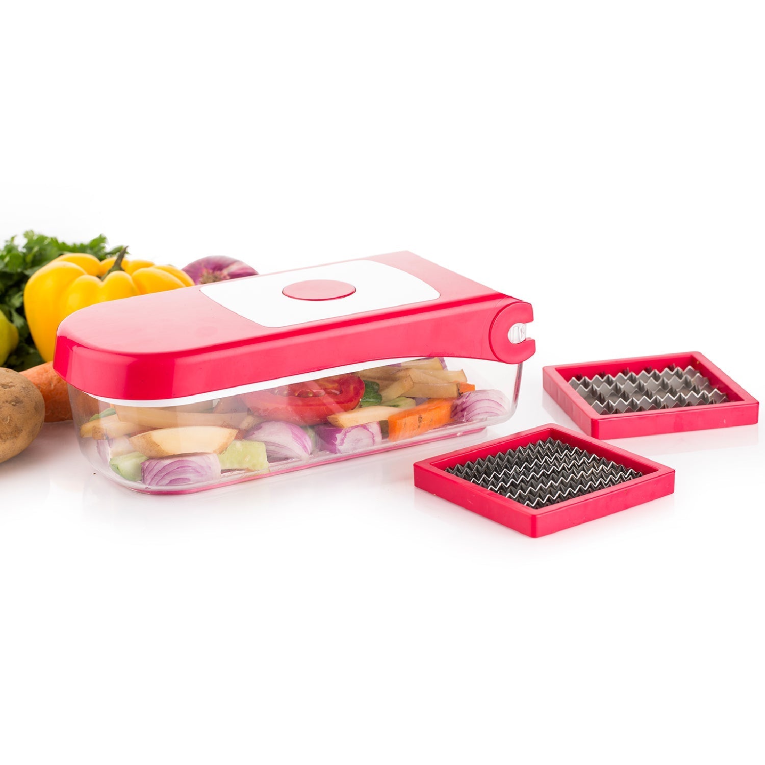 Ganesh red plastic vegetable chopper, showcasing its clear container and blade assembly.