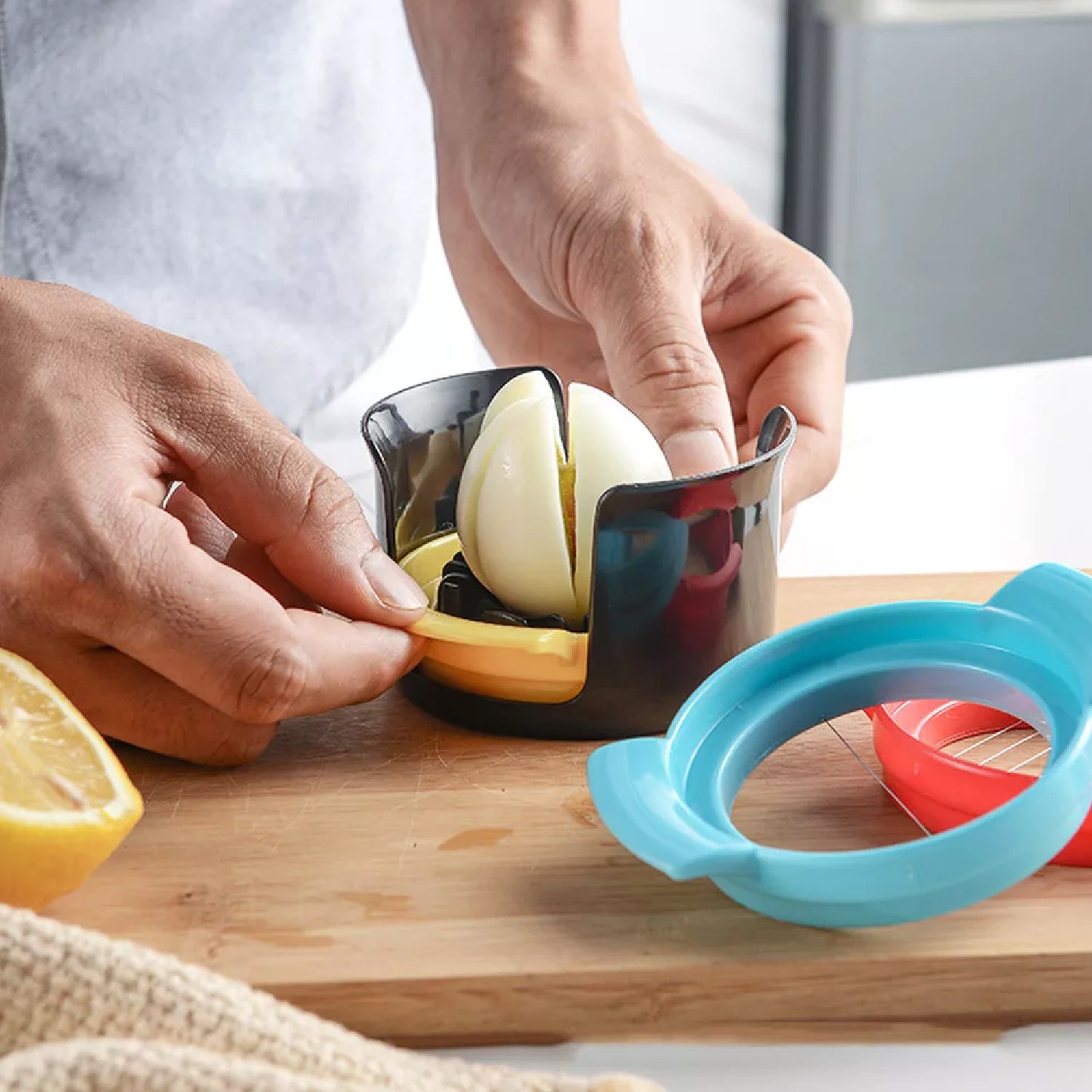 Compact 3-in-1 kitchen tool for slicing various soft foods, demonstrating its versatility.