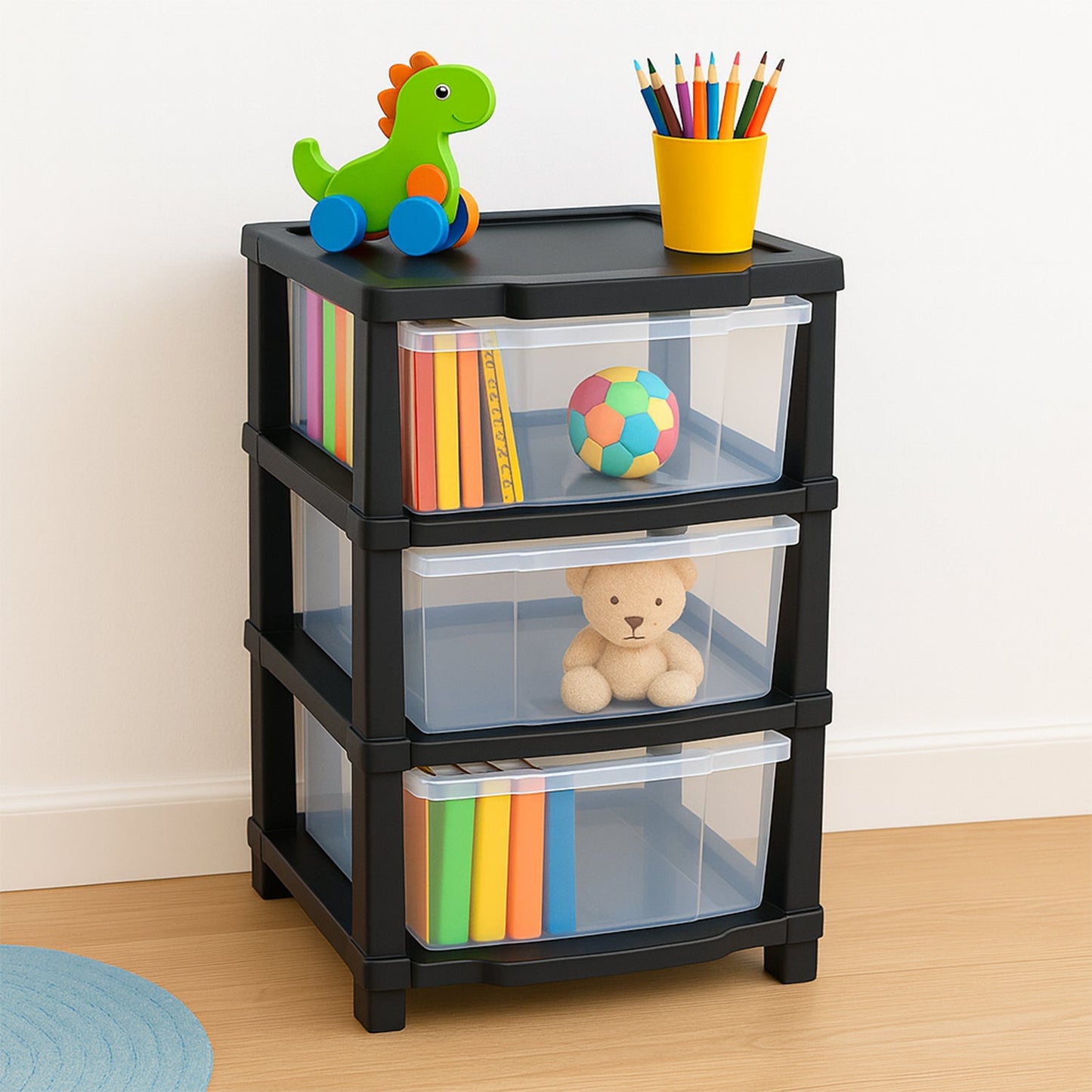 Open drawer view of transparent organizer showing storage capacity