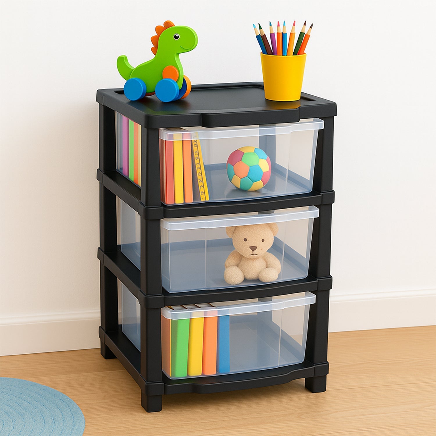 Open drawer view of transparent organizer showing storage capacity