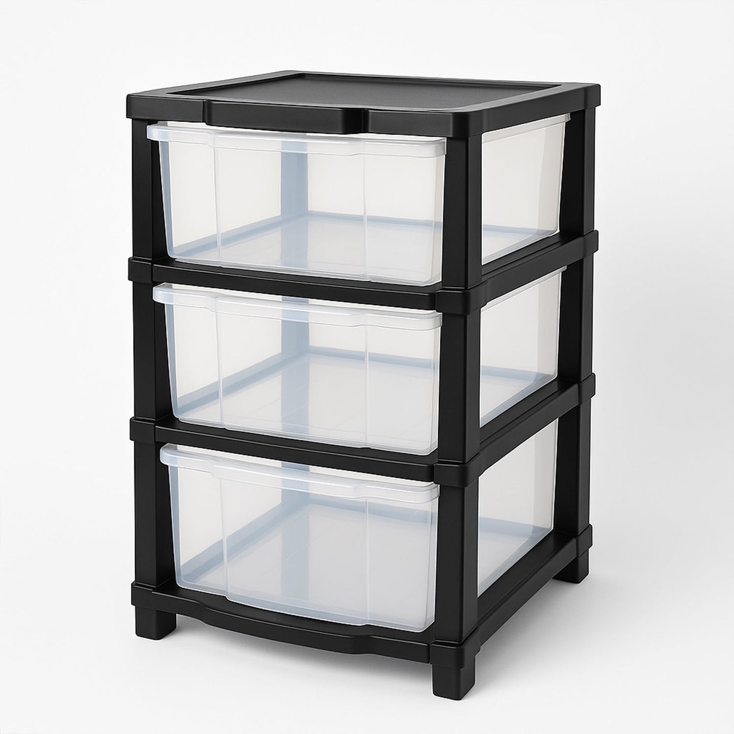 Free-standing transparent drawer organizer with flat top surface