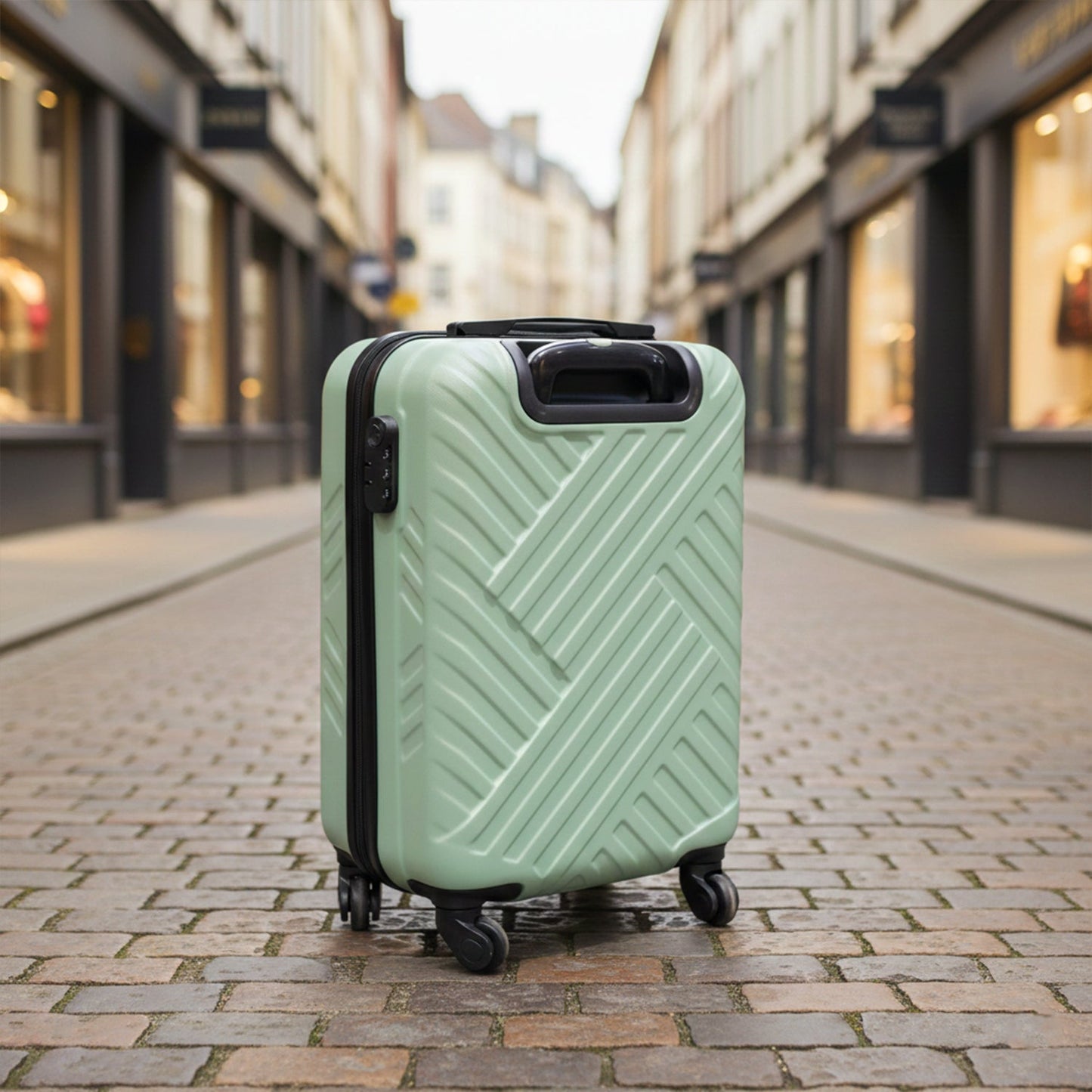 Side view of a durable and lightweight ABS luggage piece with strong zippers.