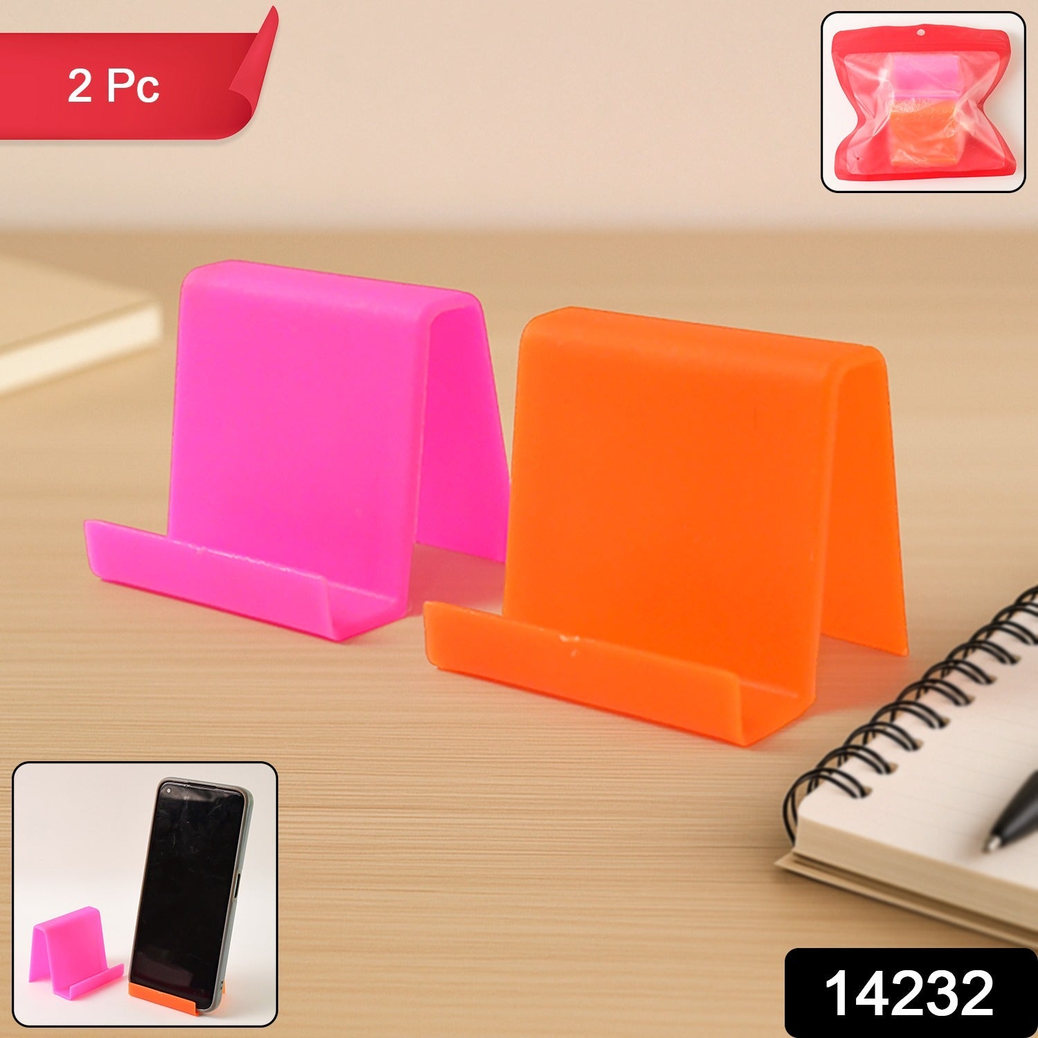 Two-piece mobile phone stand set in mixed colors on desk