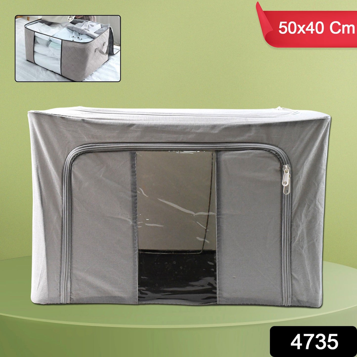 Close-up of storage box showing moisture-proof fabric and clear window
