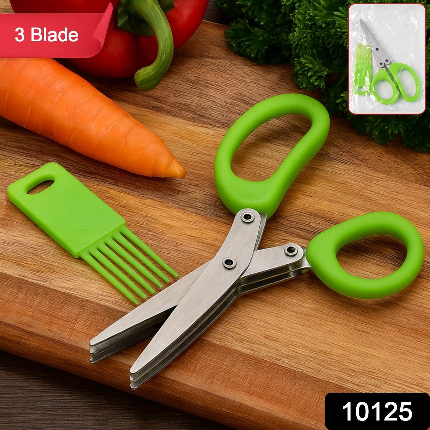 3-blade multipurpose kitchen scissors chopping fresh herbs and vegetables quickly