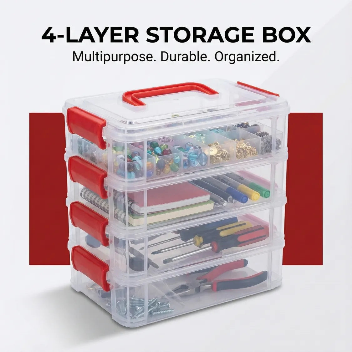 4-layer transparent plastic storage box with handle ideal for craft supplies