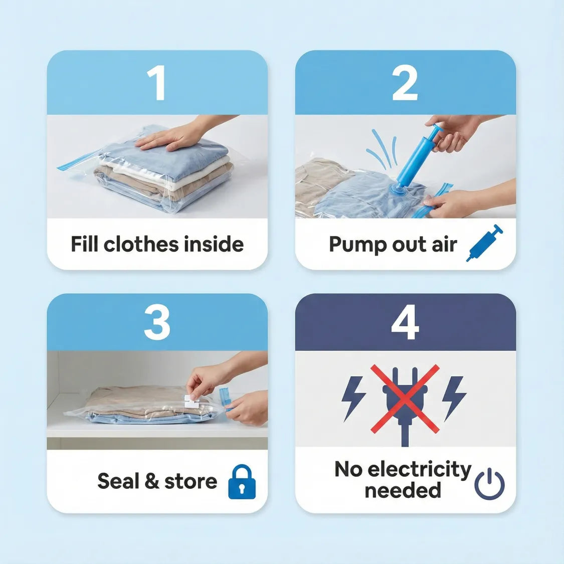 Packing of vacuum storage bags set with accessories included