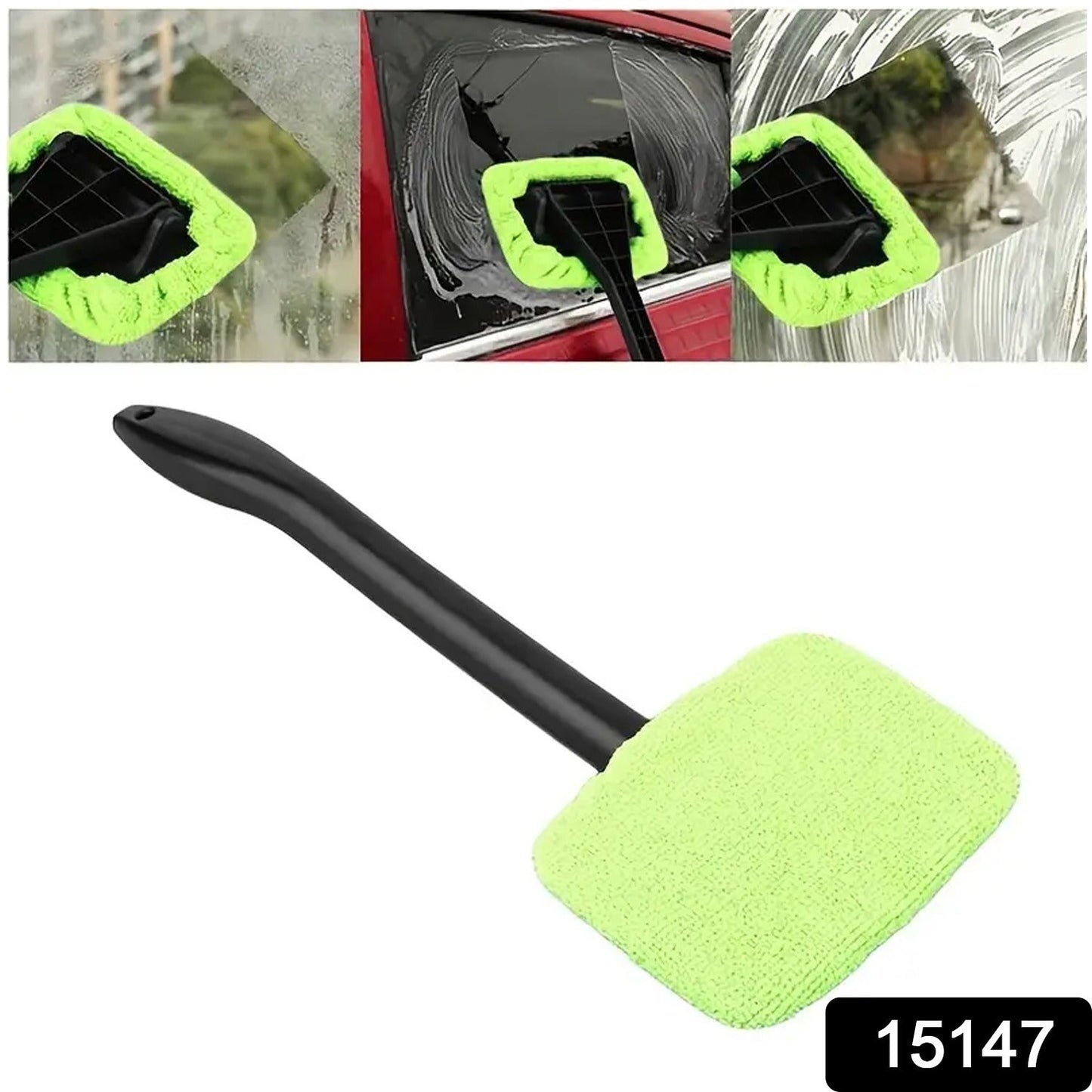 Hand holding the ergonomic car windshield cleaner with its microfiber cloth.