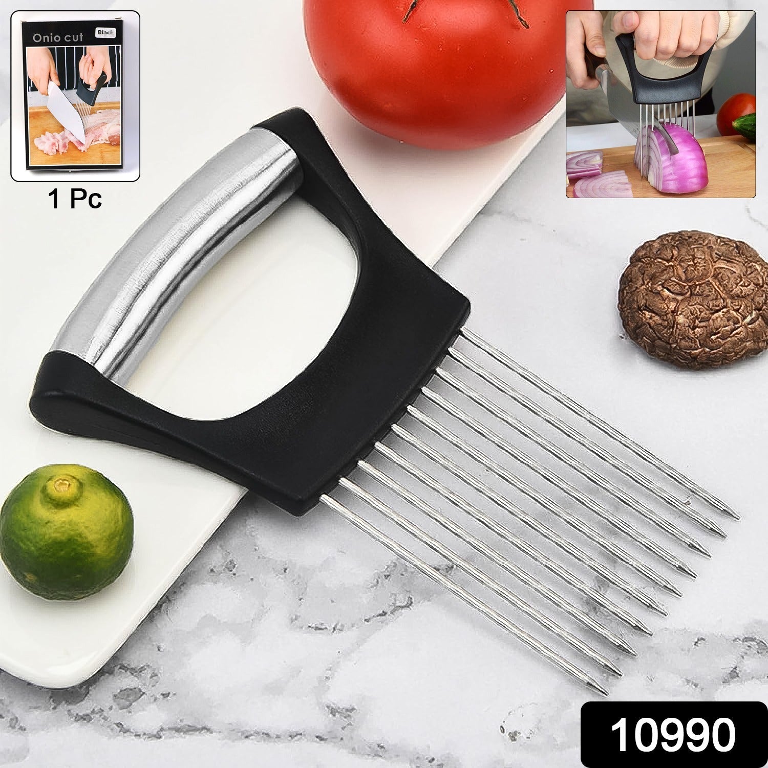 Onion cutter and vegetable slicer holder tool in use