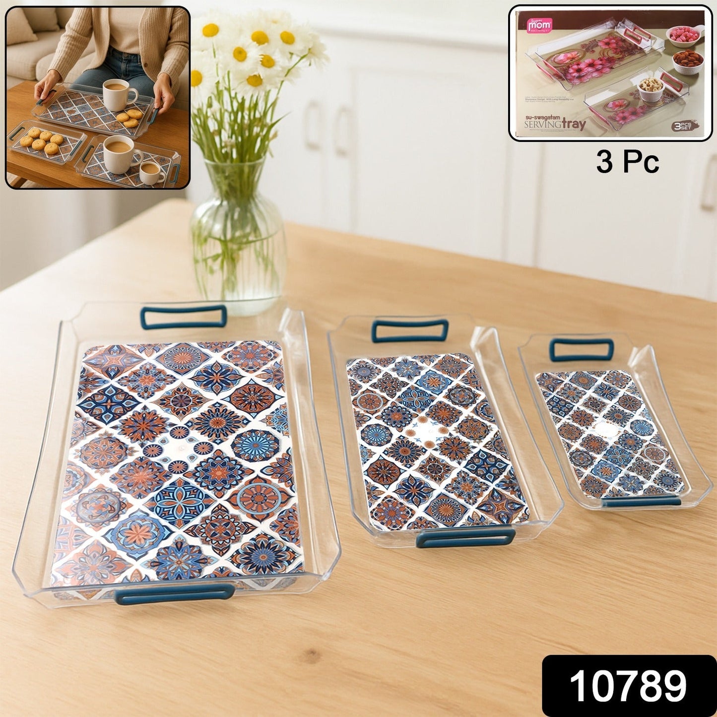 Close up of 3-piece nesting serving trays showcasing decorative bases and raised edges