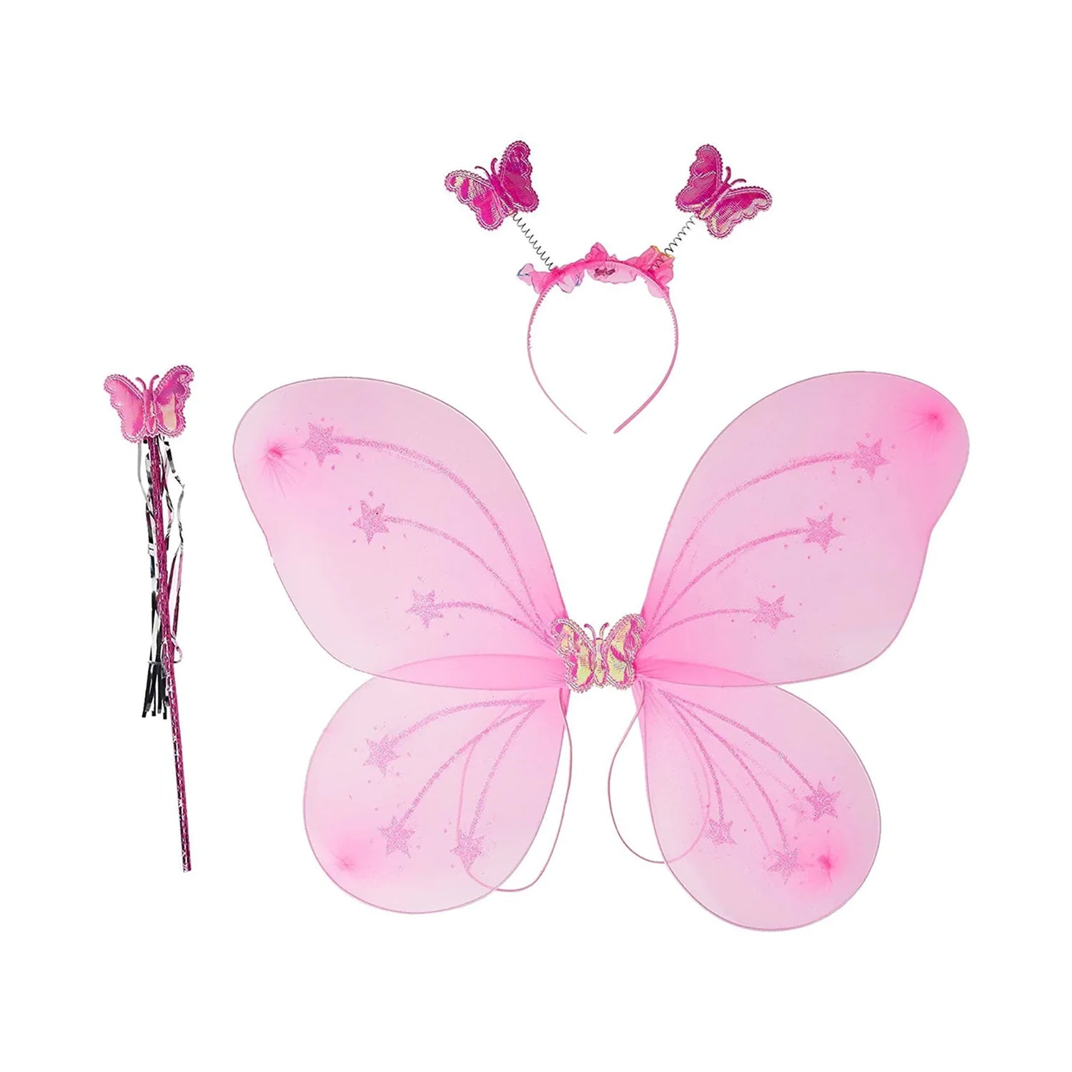 Set of colorful butterfly wings, wand, and hairband for girls' dress-up play.