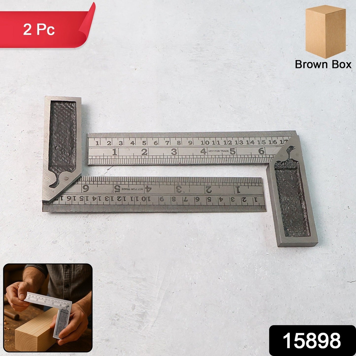 Metal try square ruler set with protective brown storage box for easy carrying and safe storage