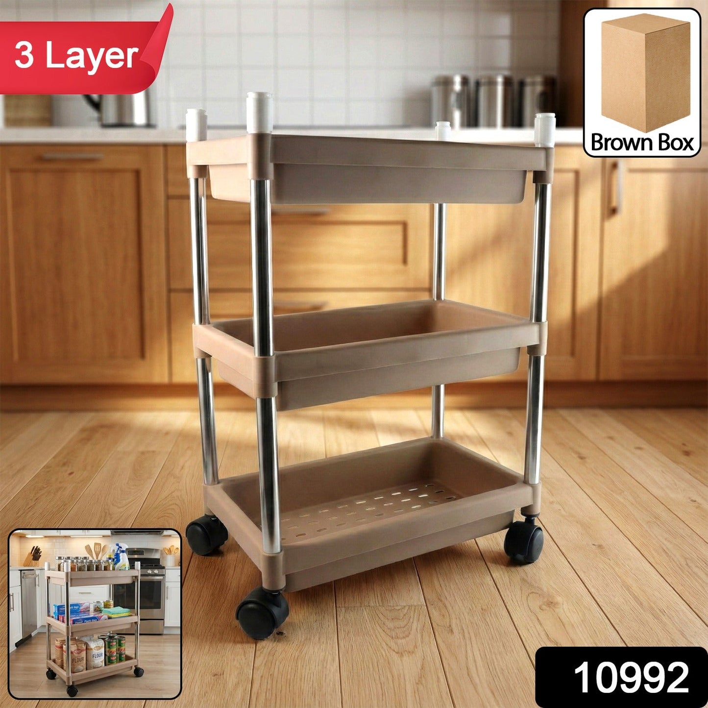 Rolling home storage trolley with spacious shelves for kitchen and office use