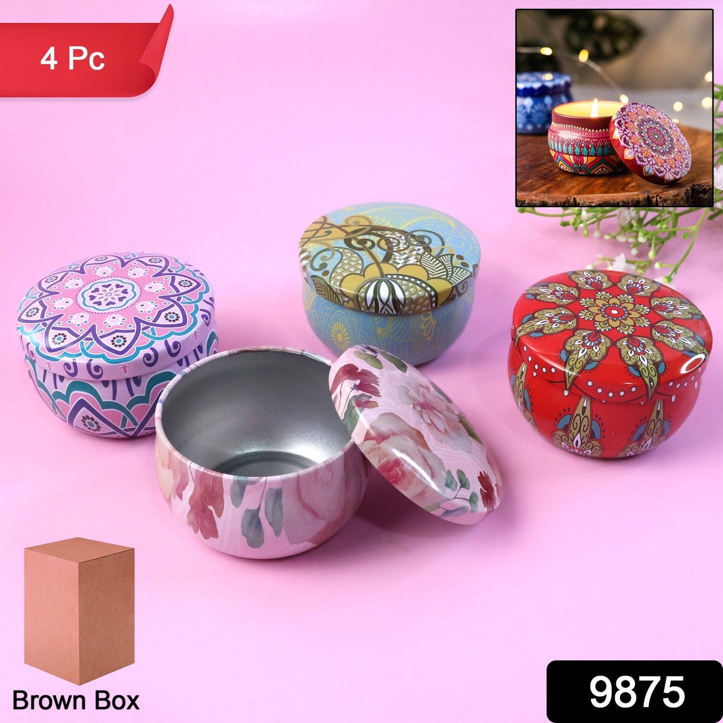 Single mandala decorative metal candle container with vibrant design