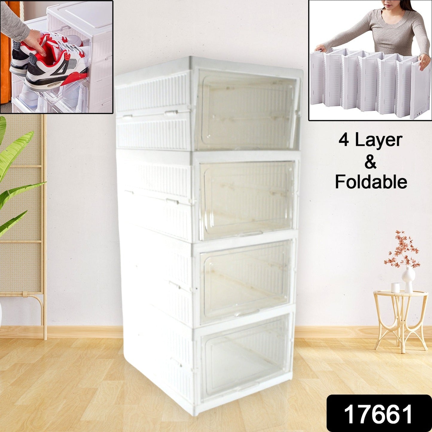 White stackable storage rack with four tiers, used for organizing toiletries in a bathroom.