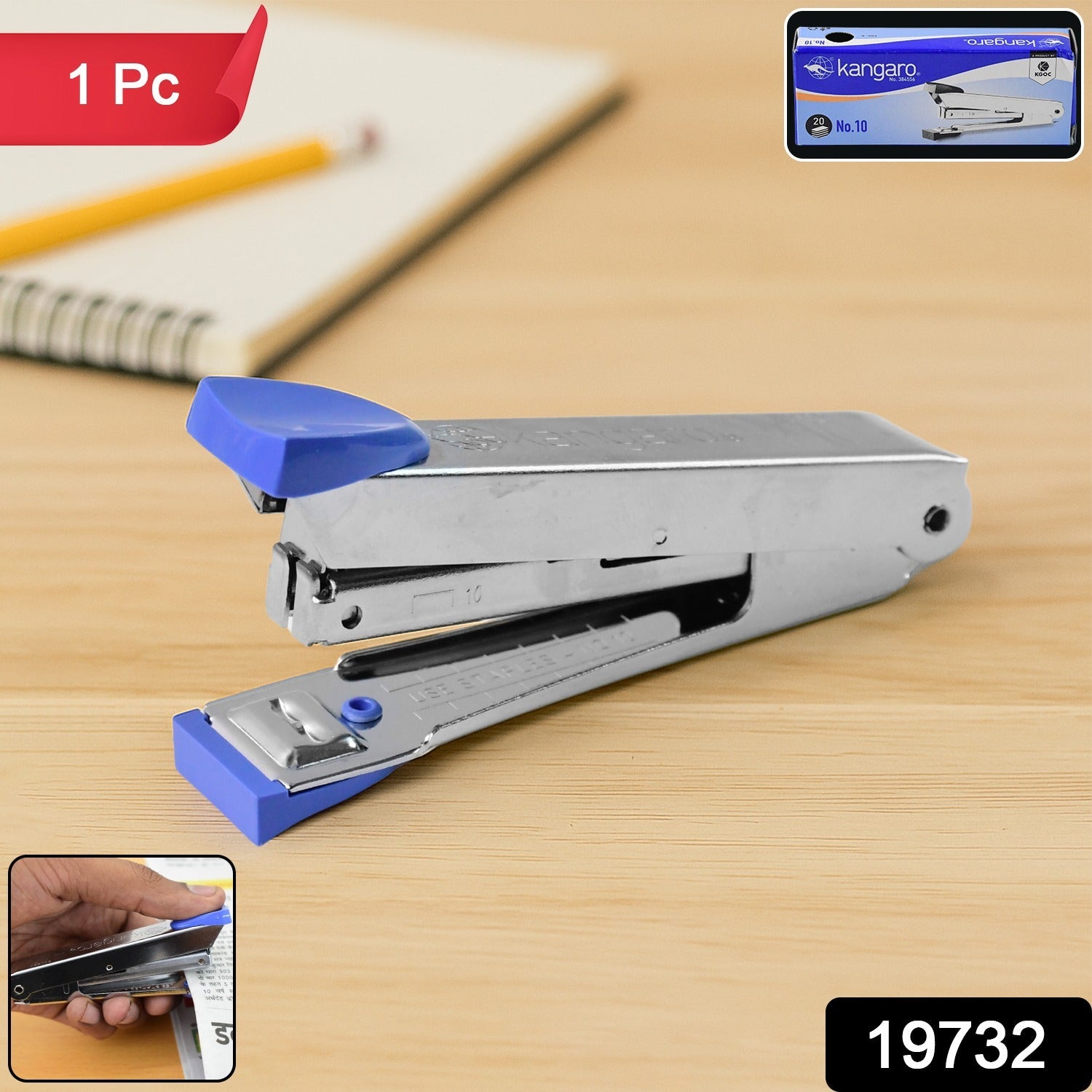 Set of multiple Kangaro No.10 compact metal staplers displayed for paper binding