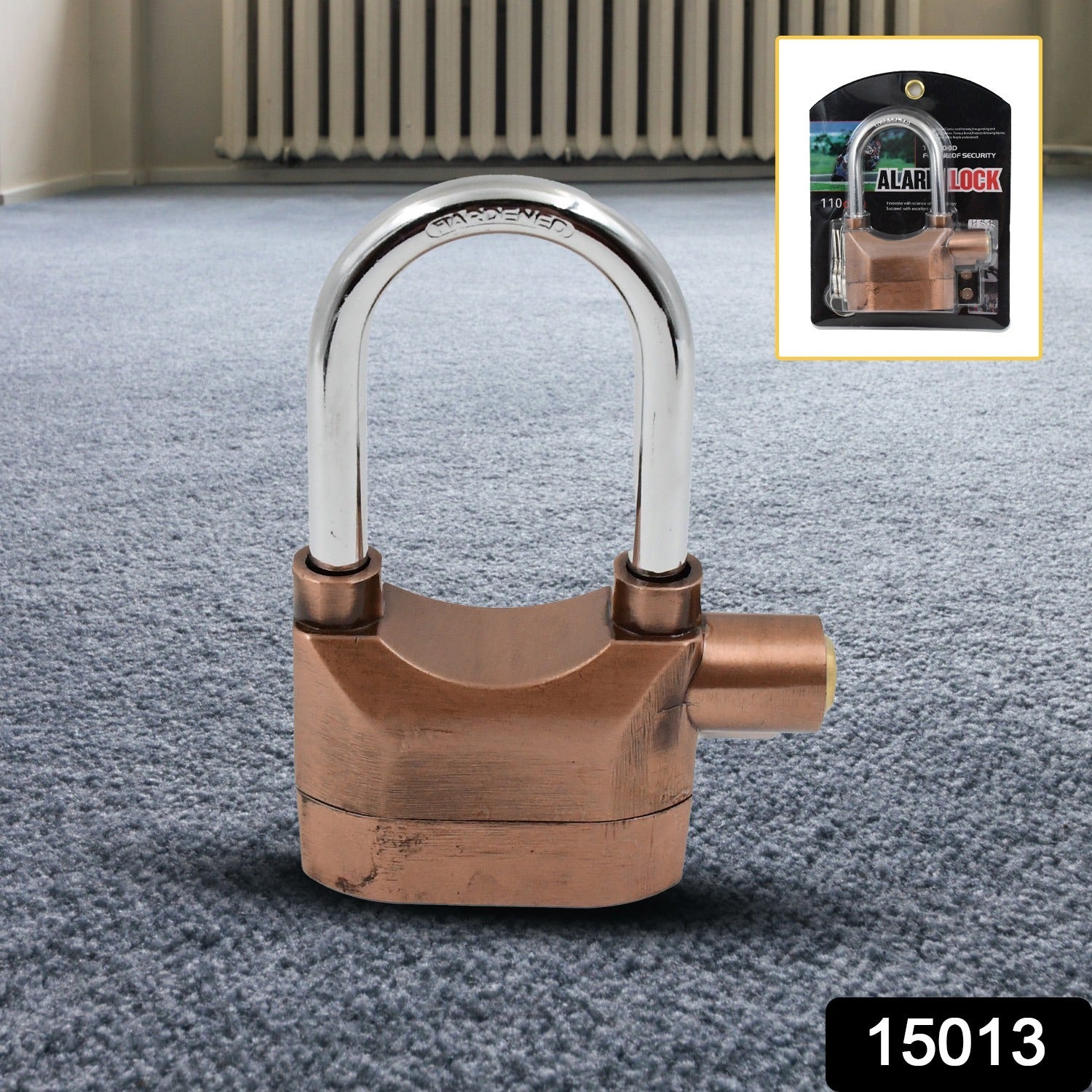 Close-up of the metallic anti-theft padlock shackle and keyhole.