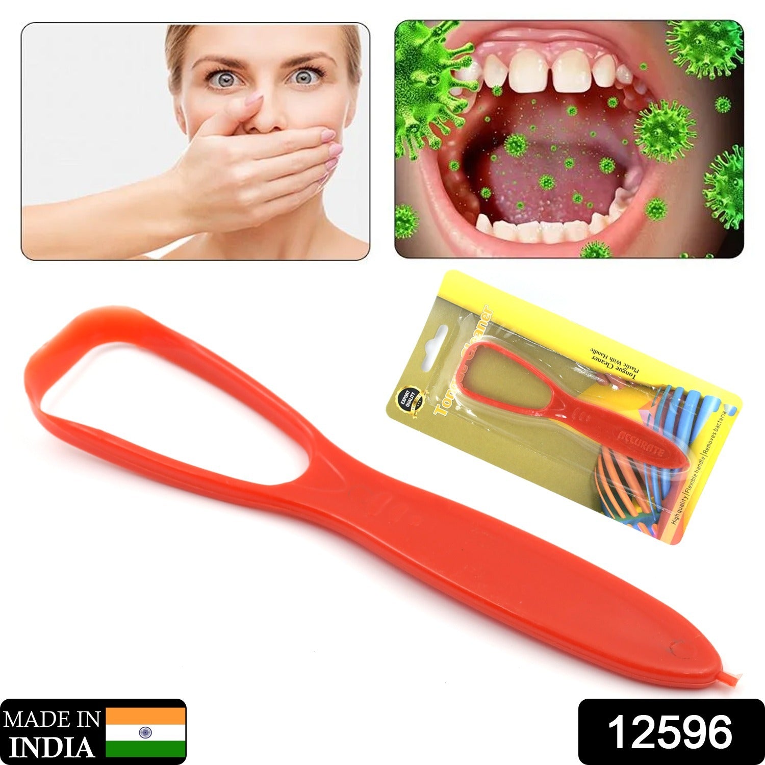 Close-up of the MintGuard plastic tongue scraper designed for effective bacteria removal.