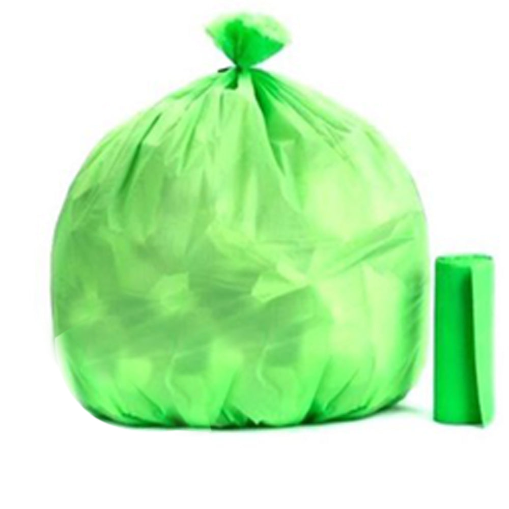 Opened roll of green eco-friendly garbage bags (19x21 inches) for home waste.
