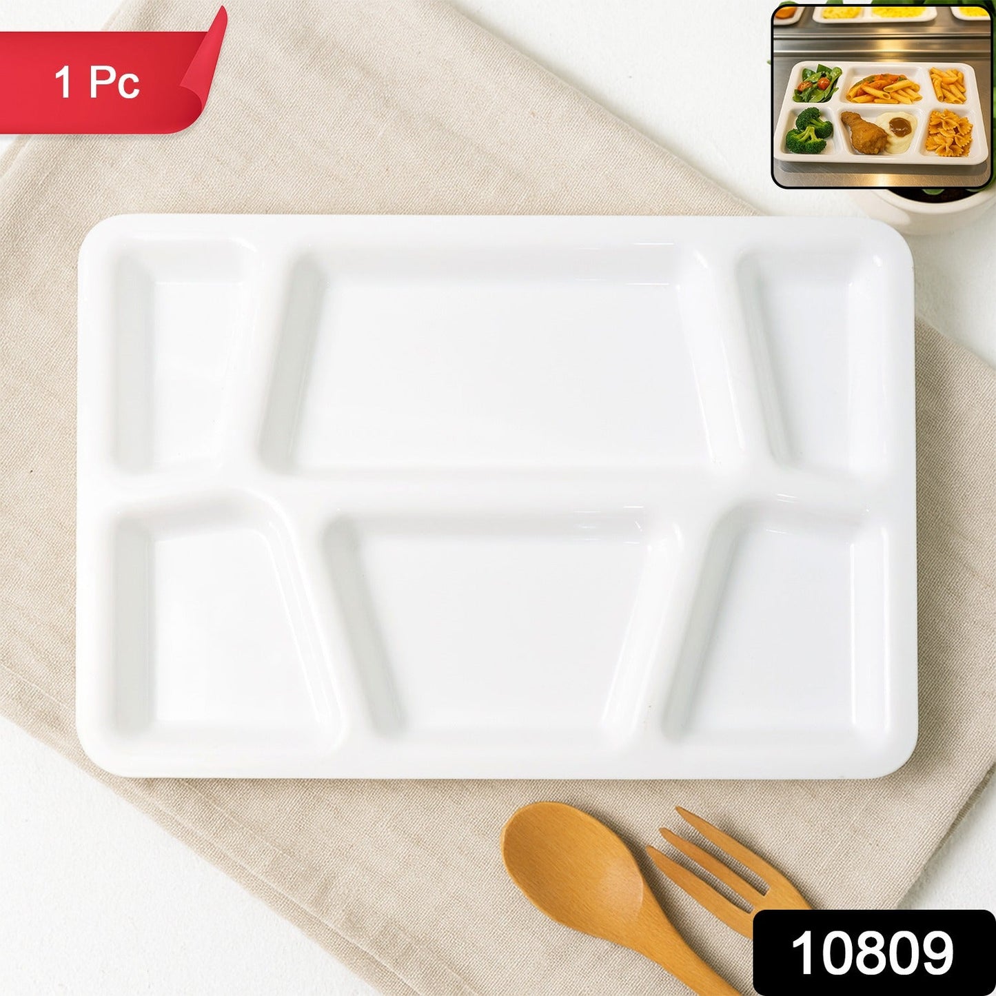 Rectangular plastic serving tray in white with several compartments for organized meals.