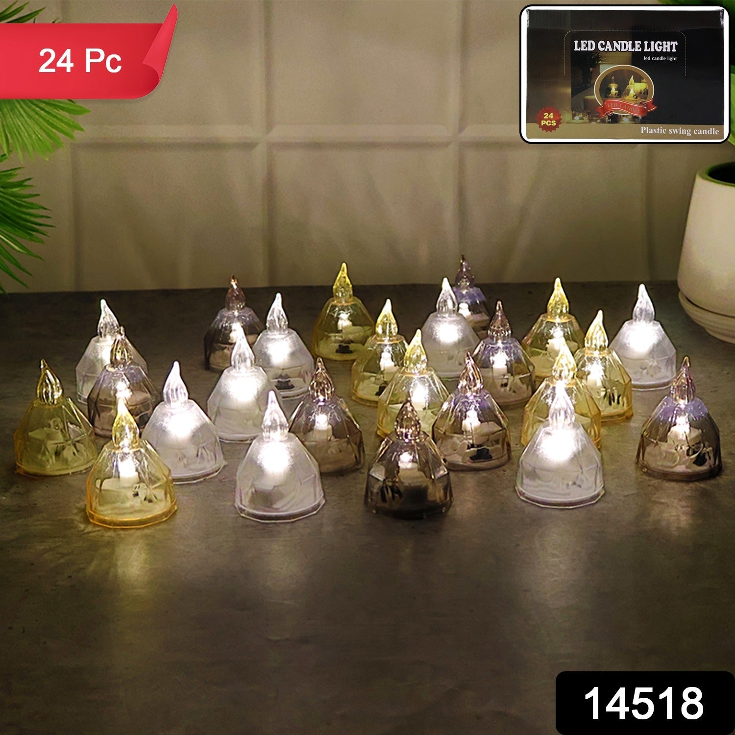 Close-up of realistic flickering LED tealight candle light