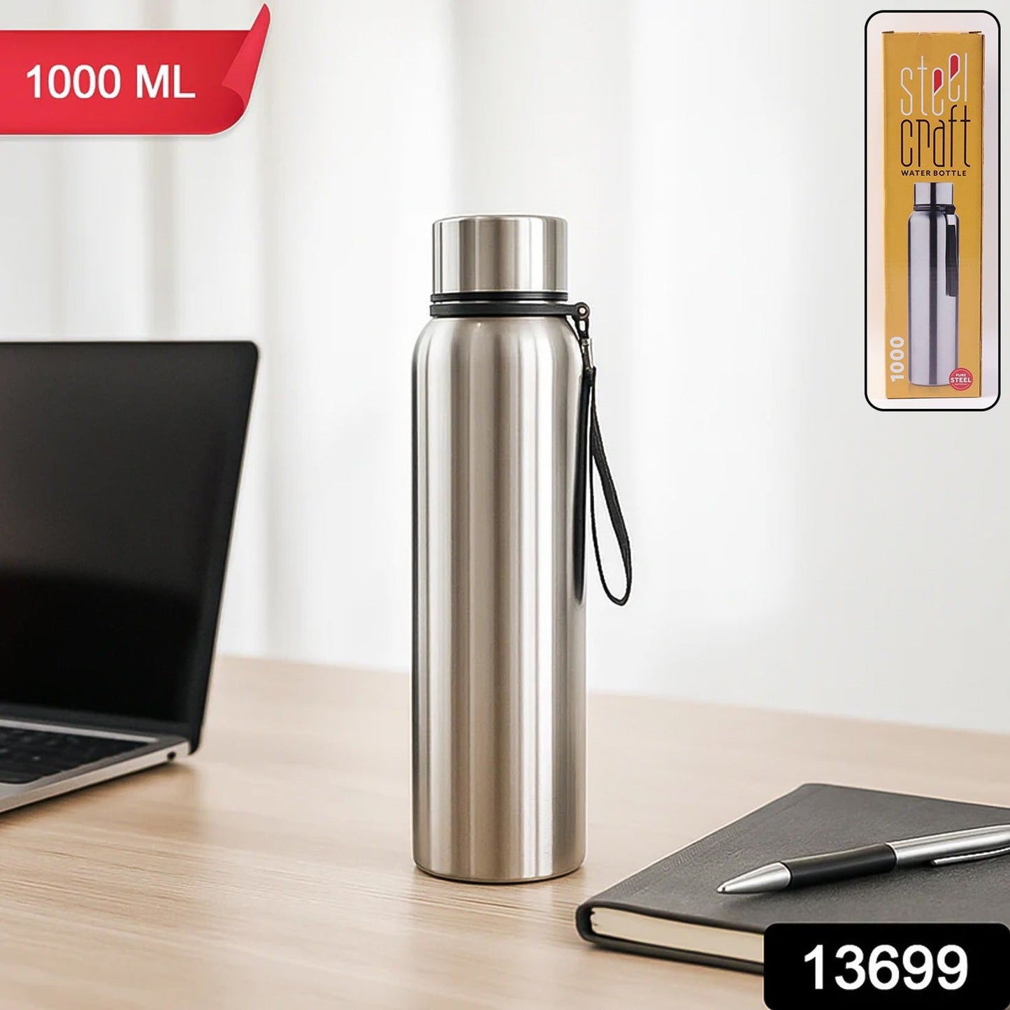 Person holding the sleek  1000ml Stainless Steel Water Bottle in a casual setting.