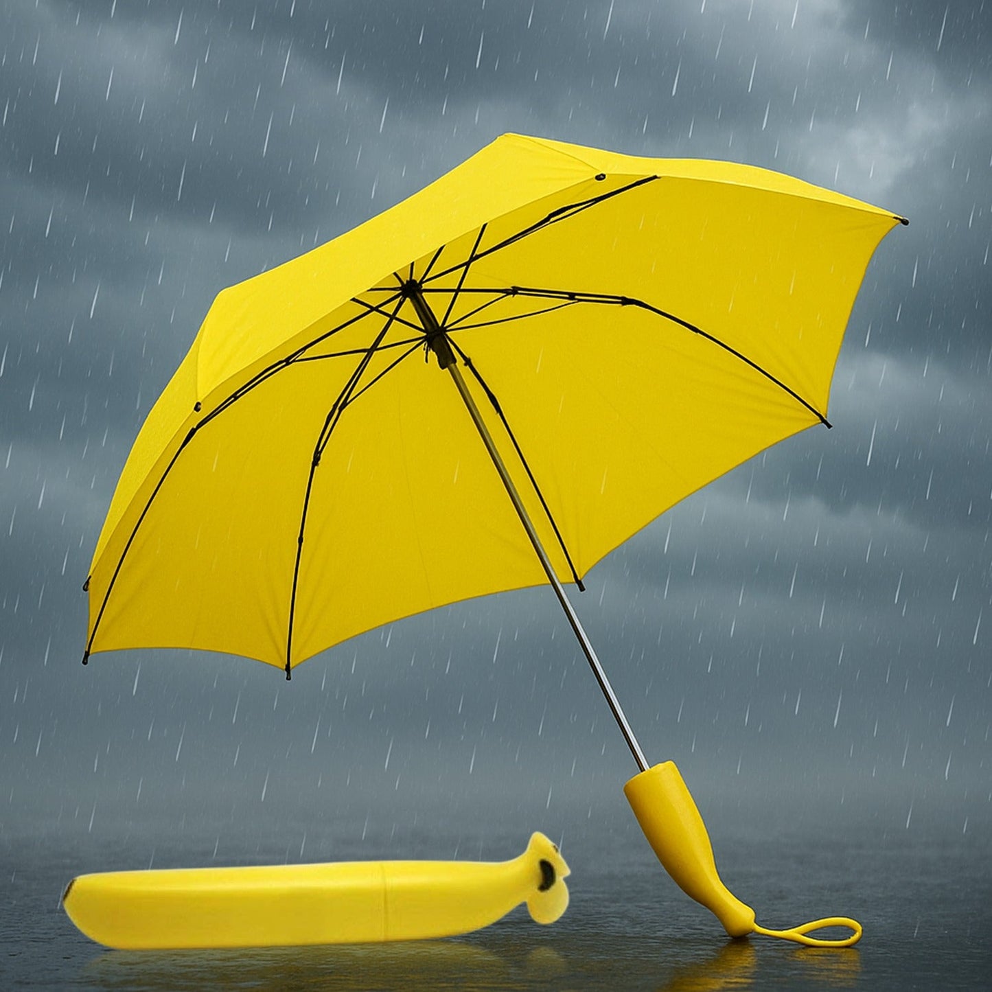 Bright yellow banana shaped umbrella, folded neatly.