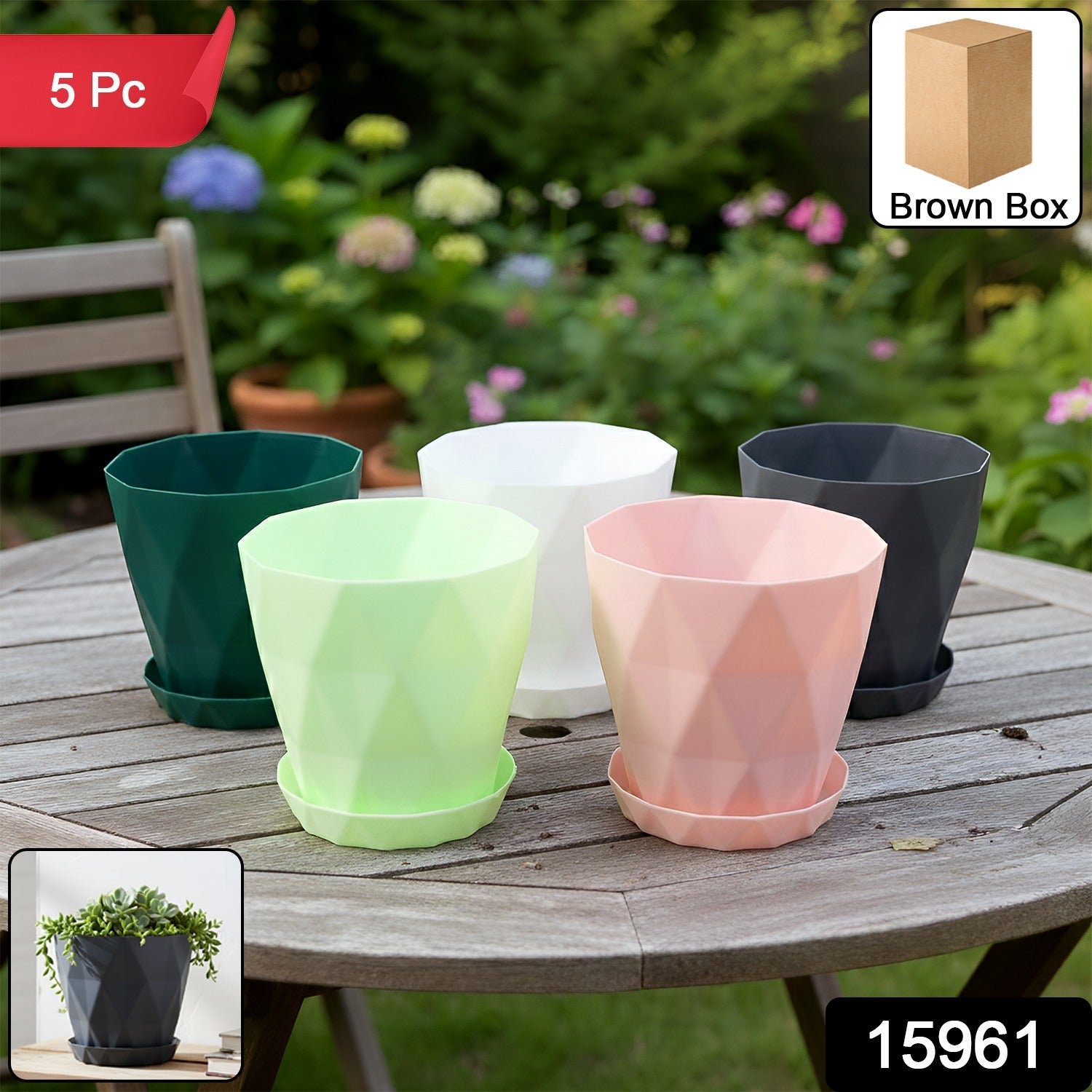 Close-up of diamond pattern on plastic flower pot, part of 5-piece set