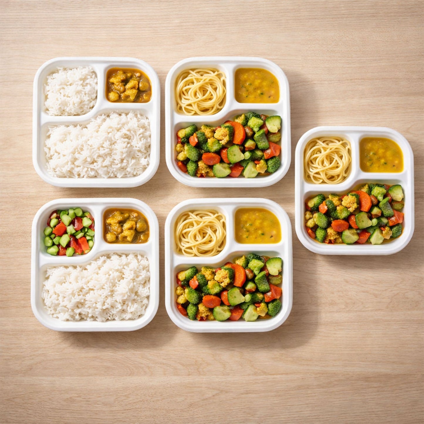 Side angle image of heat and oil resistant 3-compartment bagasse square plate