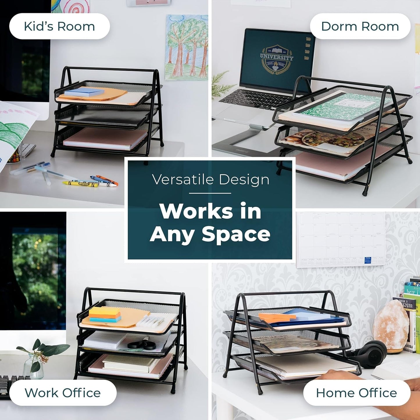 Three-tier metal storage rack placed on desk