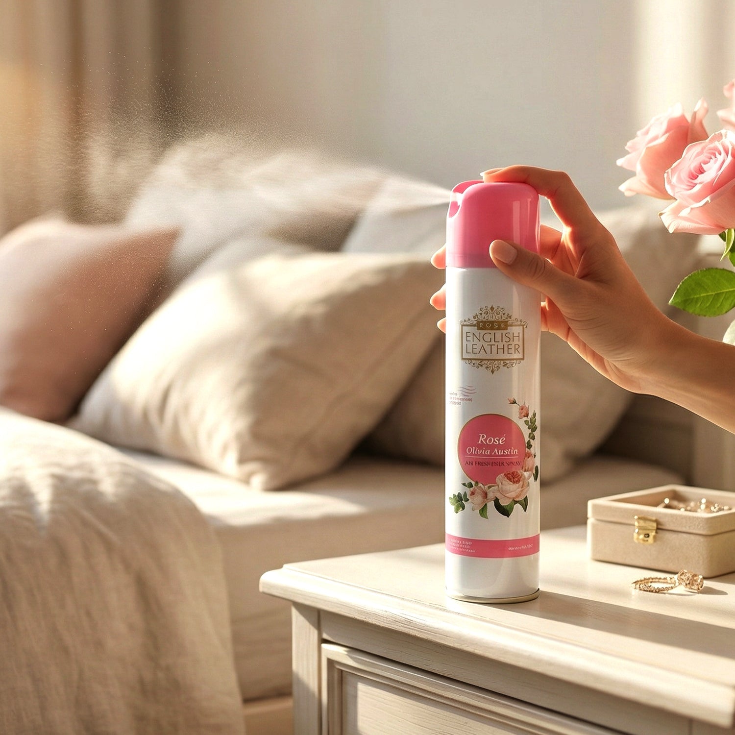 Close up of air freshener spray application action