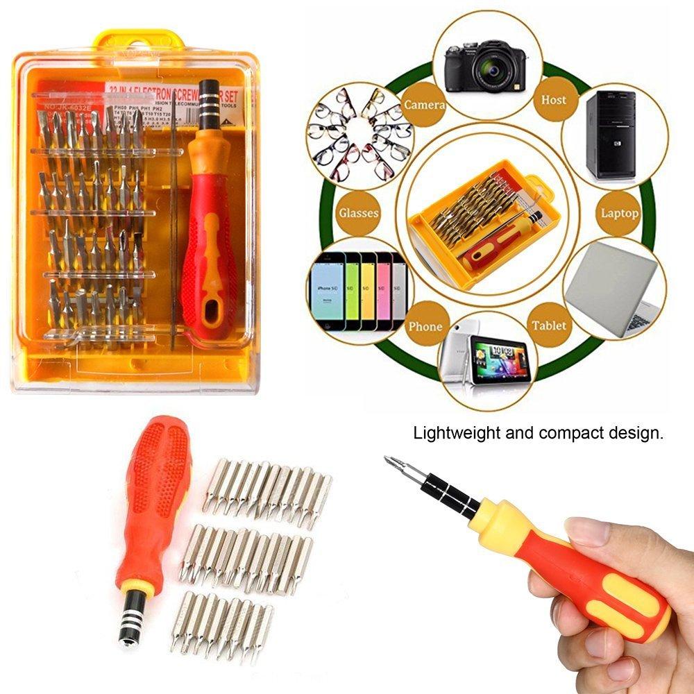 Close-up of the 32 piece magnetic screwdriver set with various bits for electronics repair.