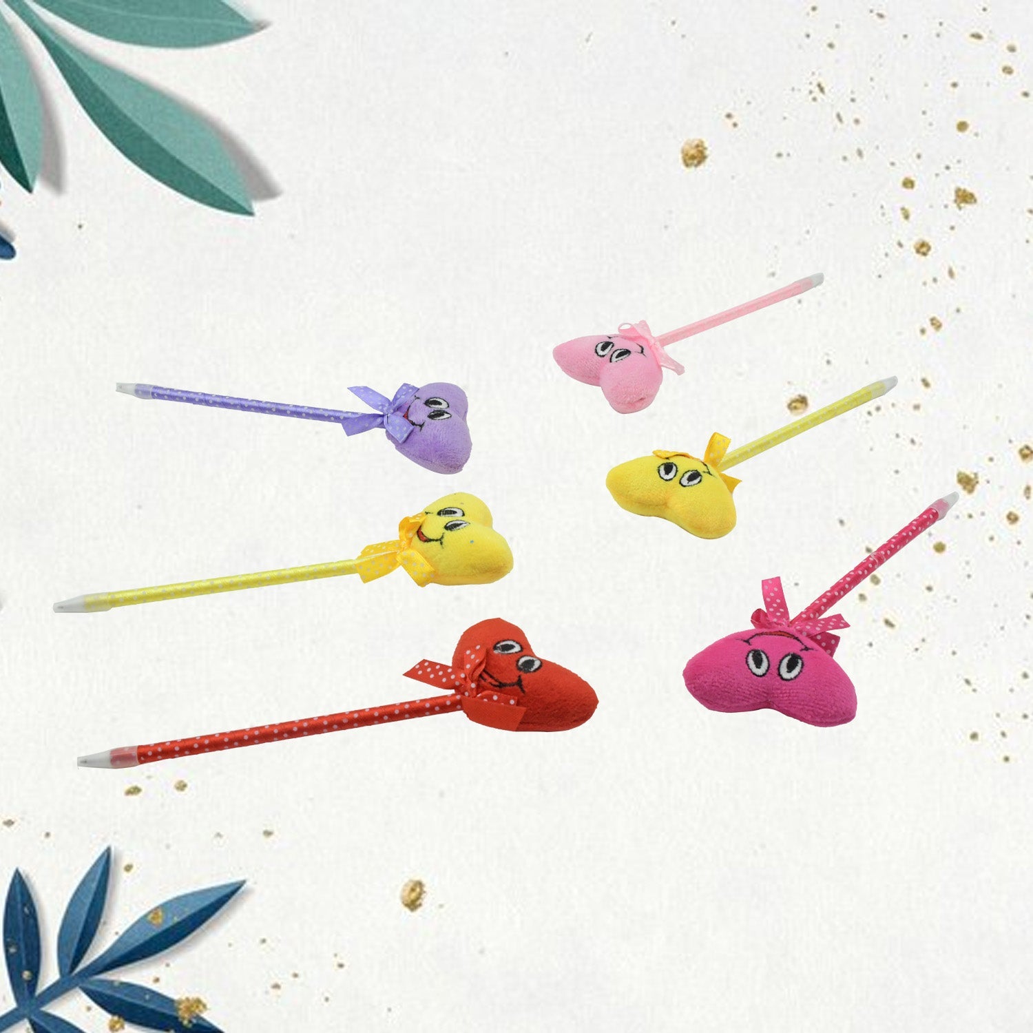 Group of diverse cartoon and heart pens, each with a fun rattle in various colours.