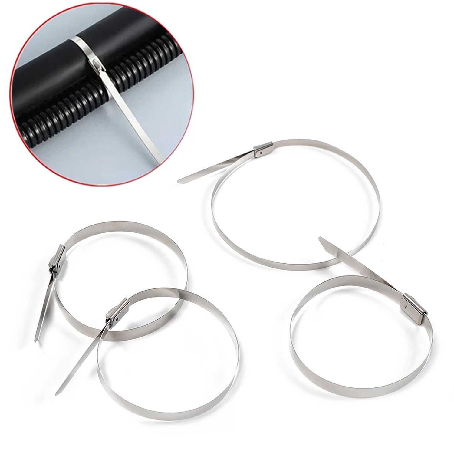 Several heavy-duty stainless steel zip ties displayed, highlighting their strength for industrial applications.