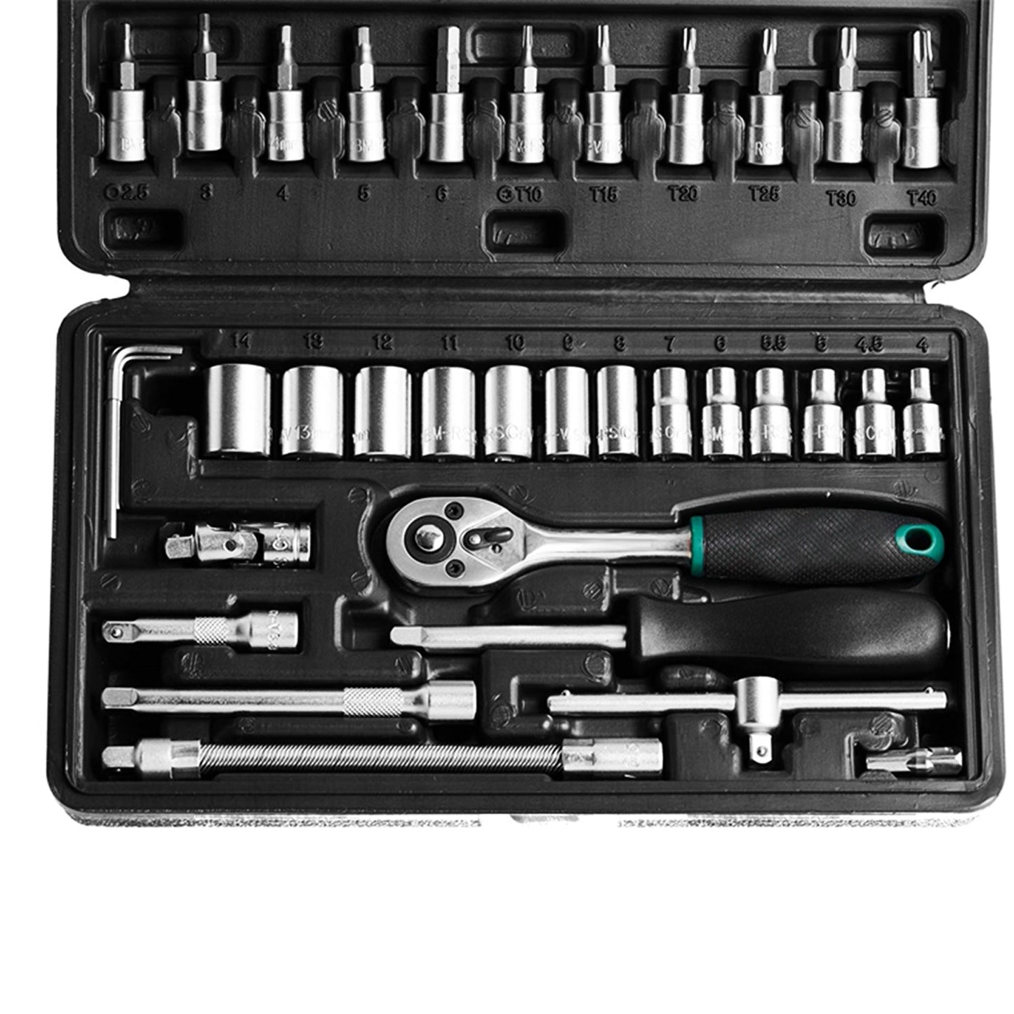 Secure blow-molded case for the RaceVault 46-piece socket set, ready for transport.