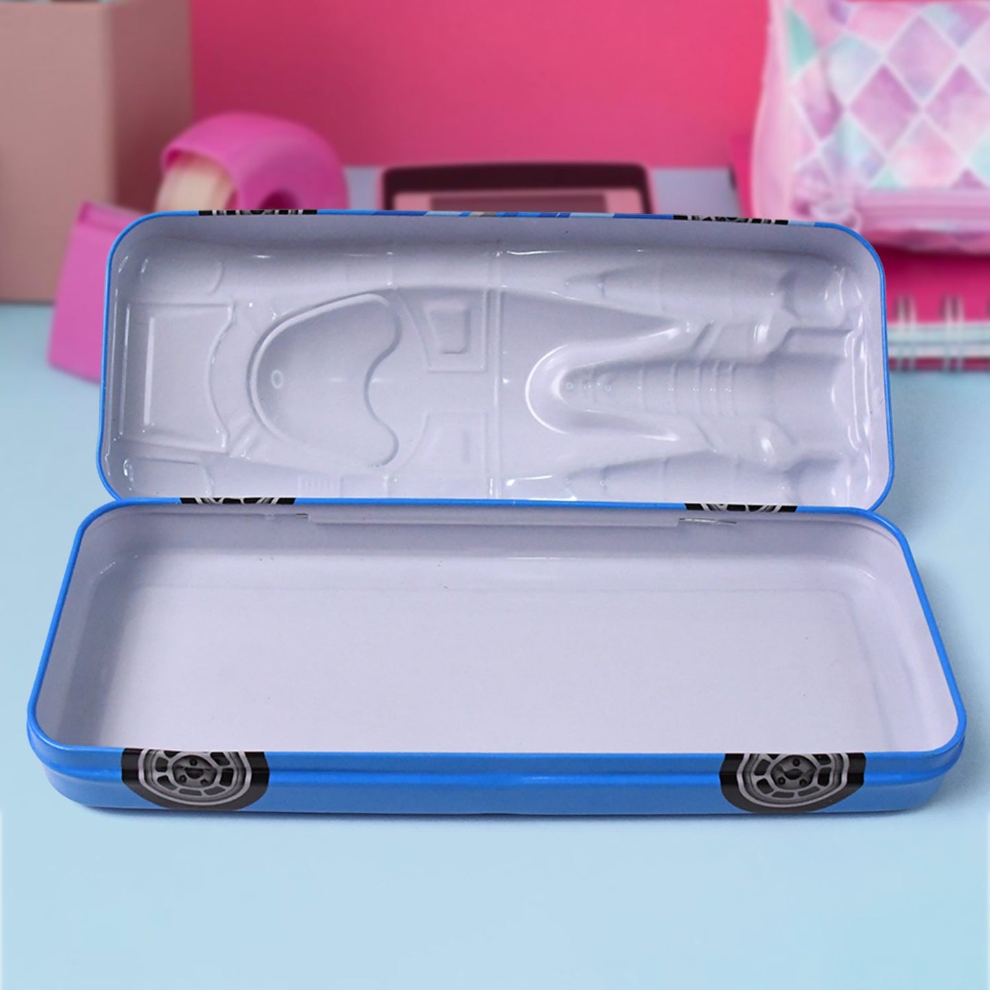 Side view of the vibrant car shape metal stationery box.