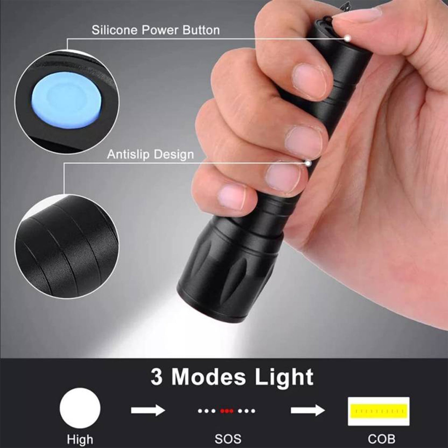 Rechargeable mini torch showcasing its powerful COB side light.