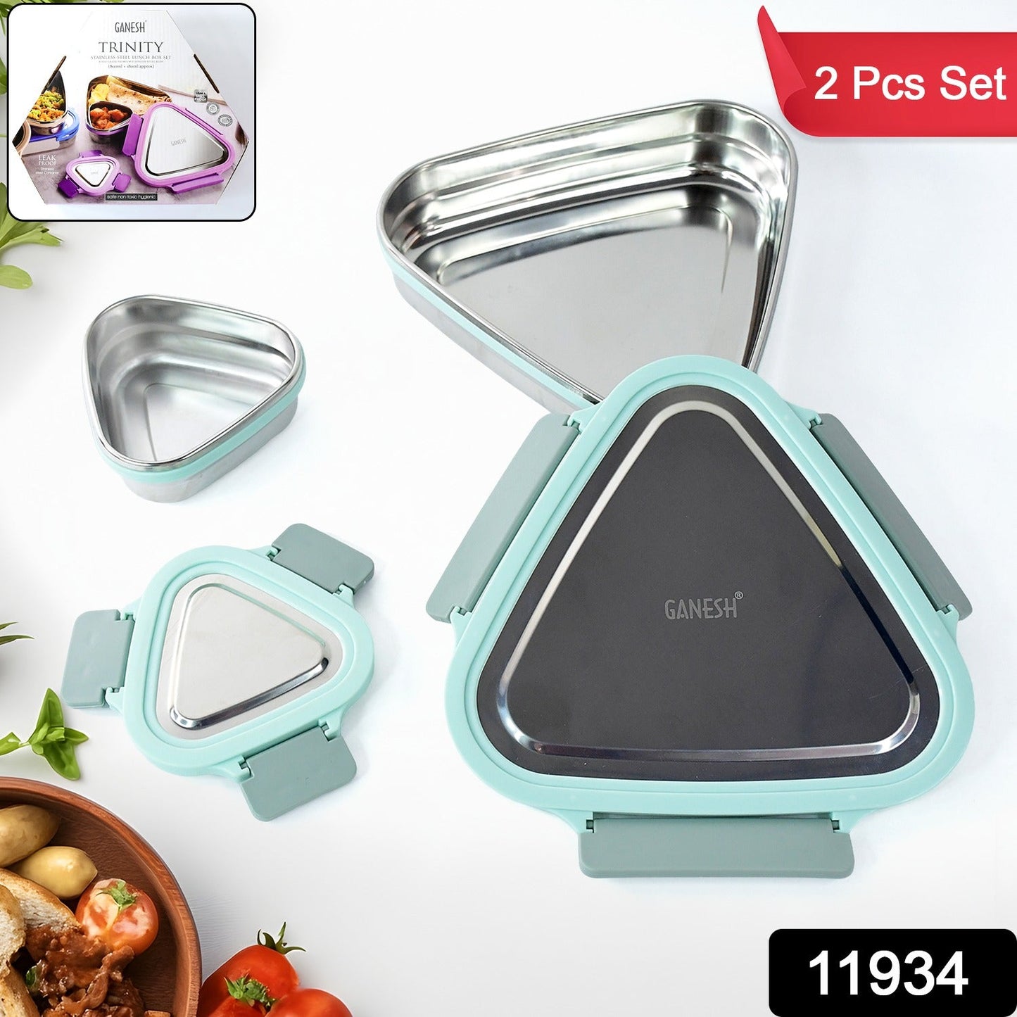 Ganesh Trinity stainless steel triangular tiffin set with secure clip locks