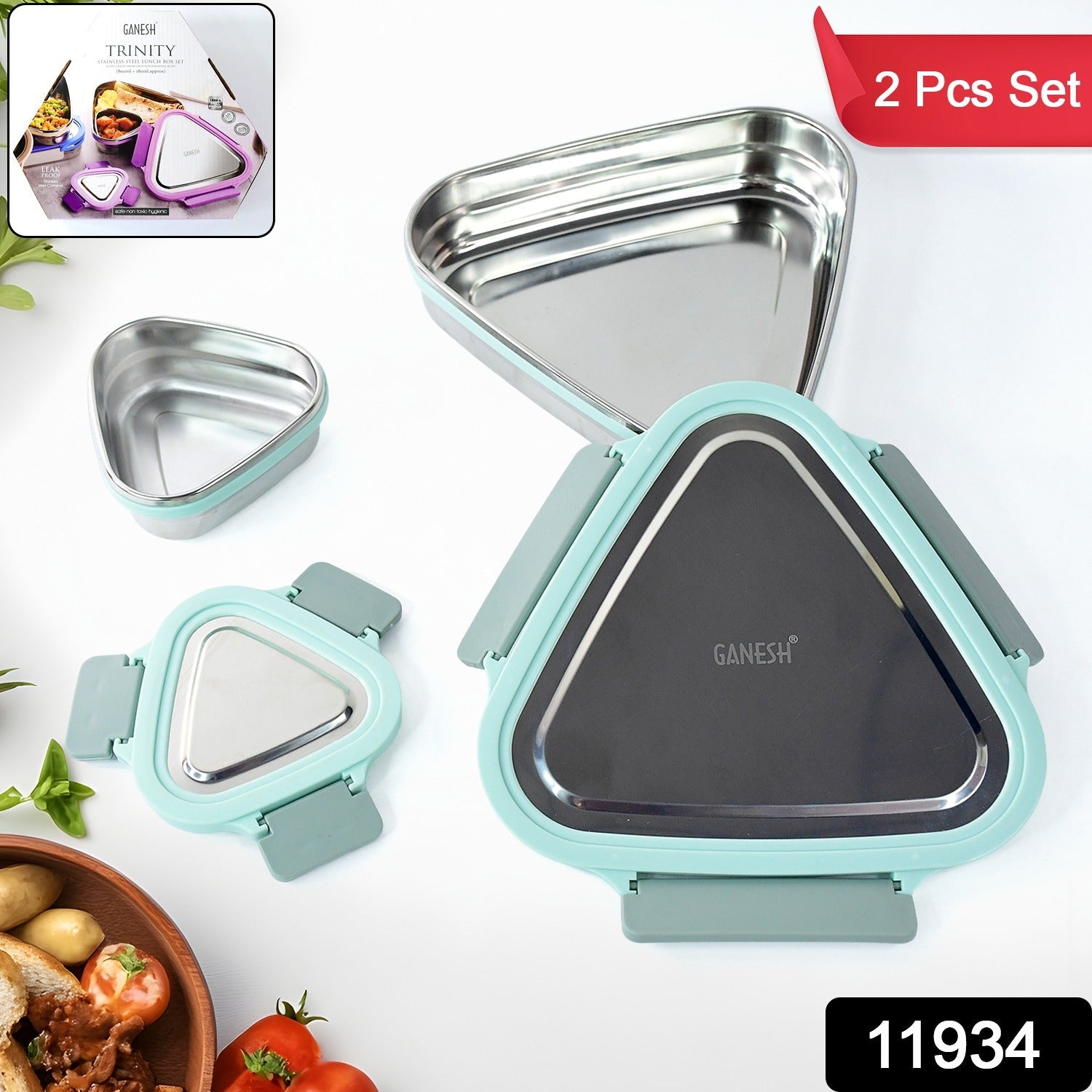 Ganesh Trinity stainless steel triangular tiffin set with secure clip locks