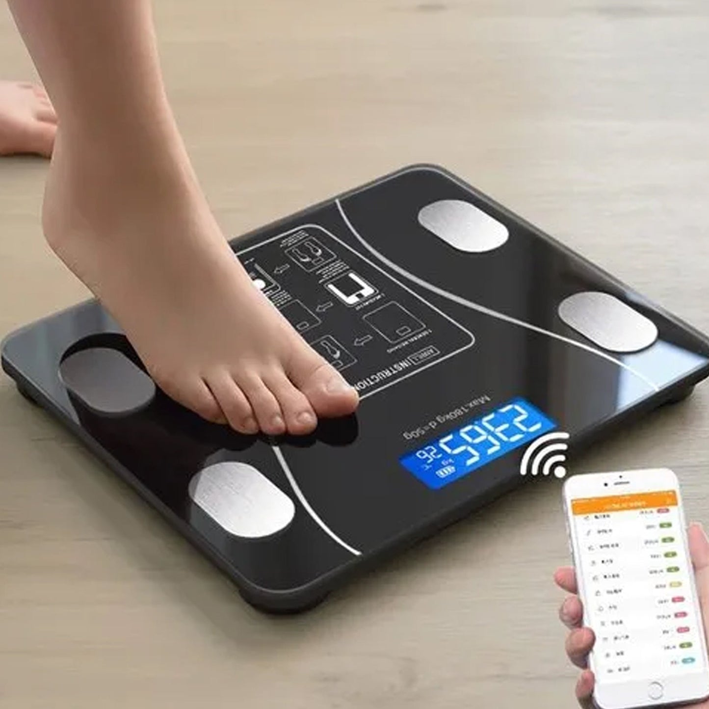 Bluetooth-enabled body fat scale connecting to a smartphone app.