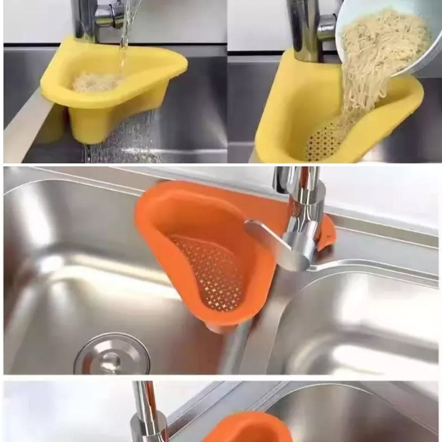 Swan Drain Strainer, shaped like a graceful swan, installed in a white kitchen sink.