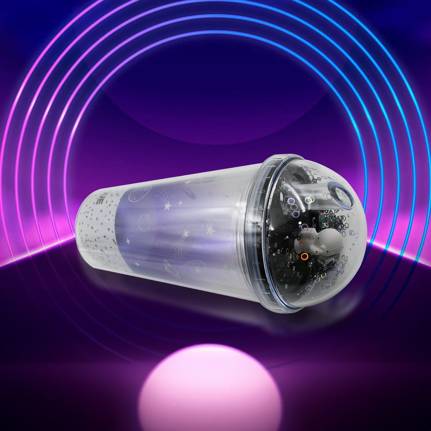 An engaging astronaut tumbler showing off its LED glow and spill-proof straw for kids.