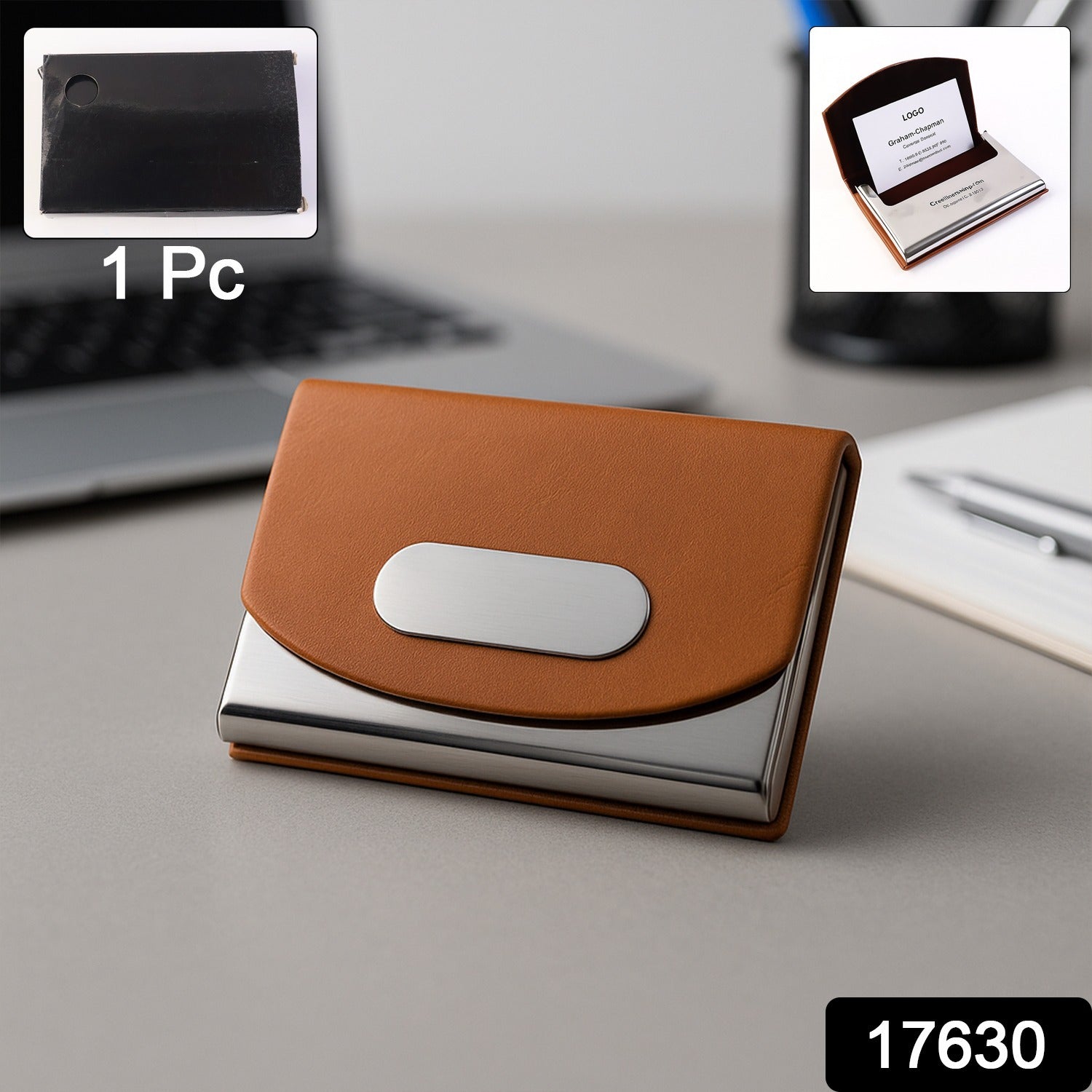 Business card holder with secure magnetic flap closure in brown leather