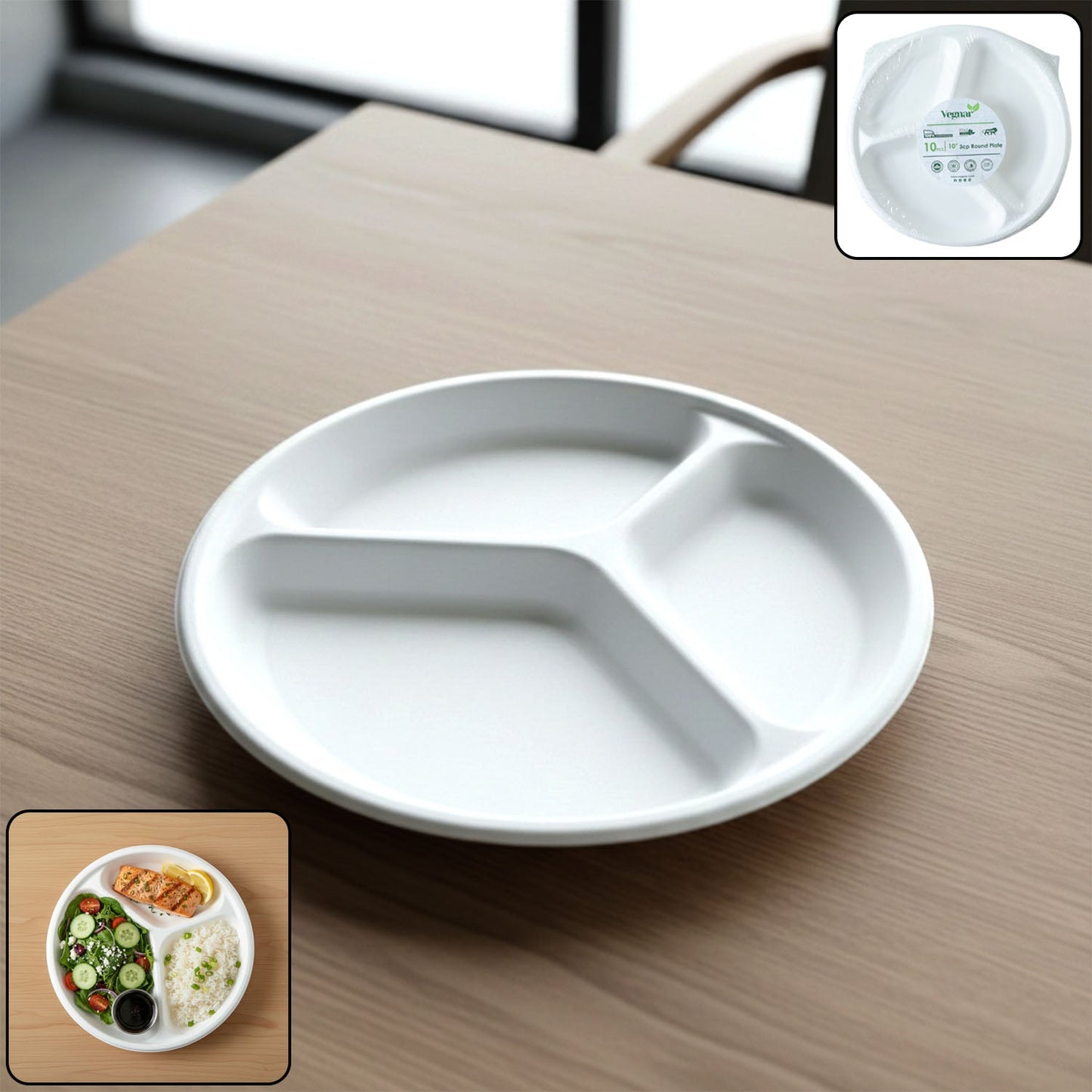 Compostable 10 inch 3-compartment round bagasse plate with sections for meal