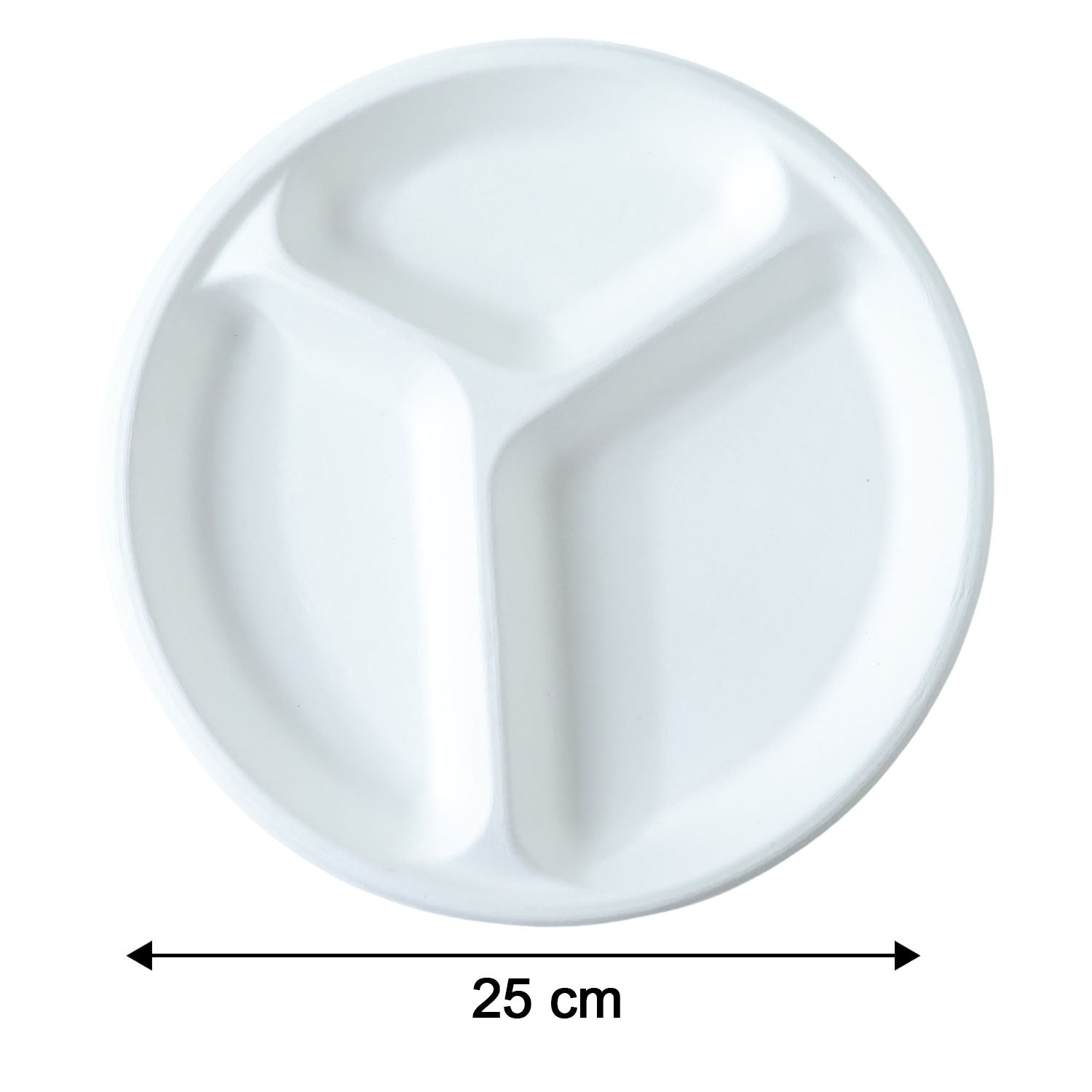 Dimensions view of 10 inch diameter biodegradable 3-compartment plate