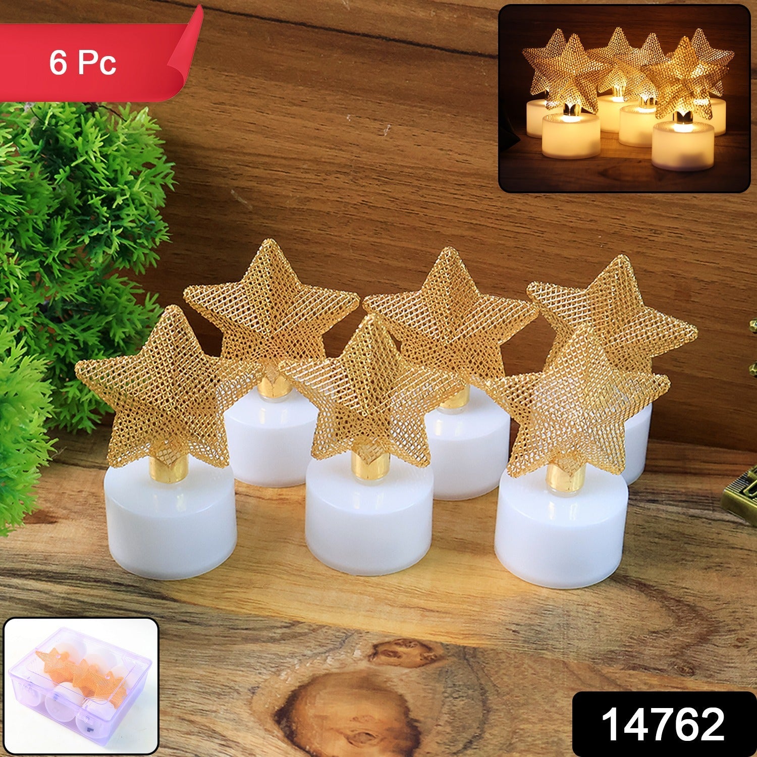 Close-up of a flameless LED star candle with intricate golden mesh topper
