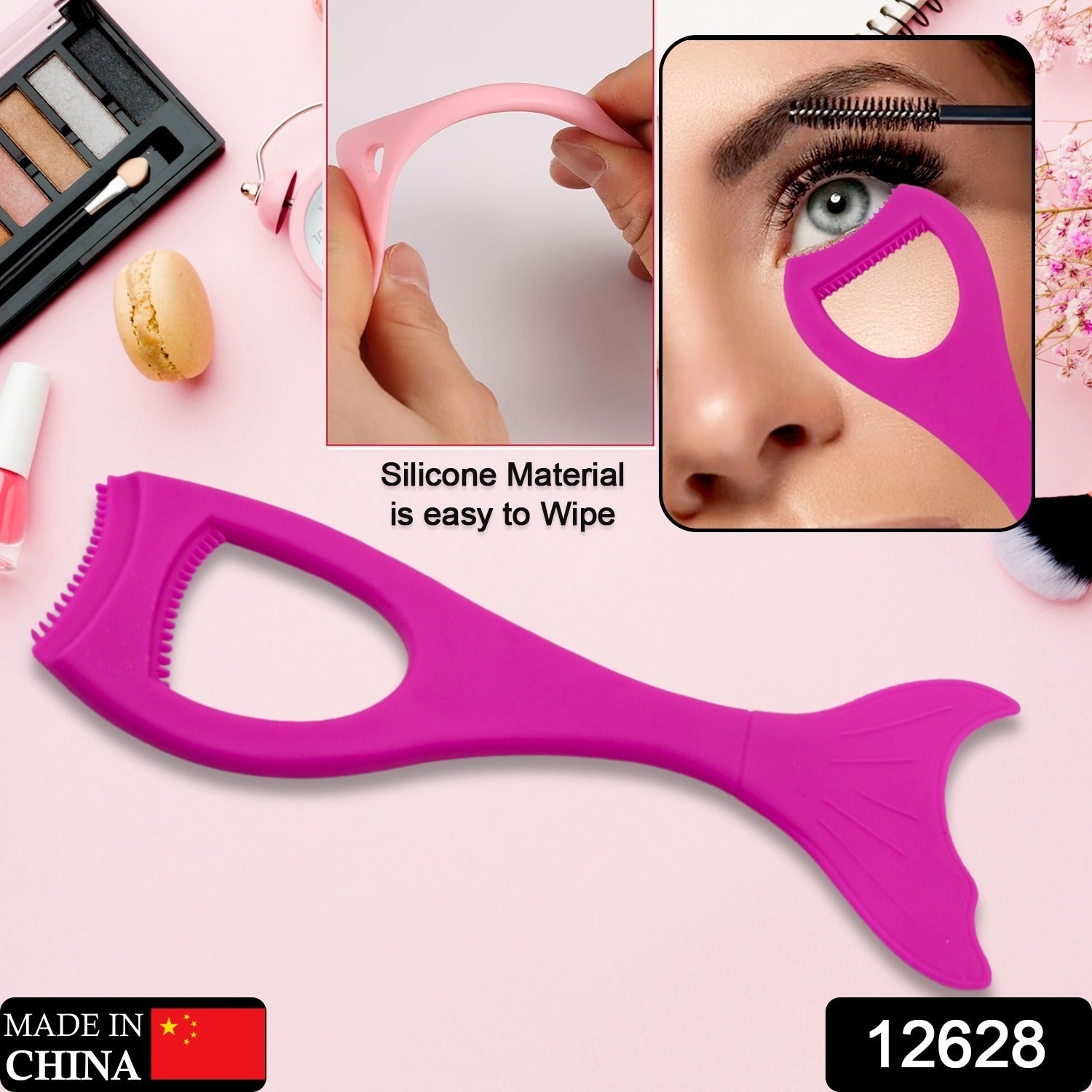 Close-up of a curved silicone eyeliner tool for precise application.